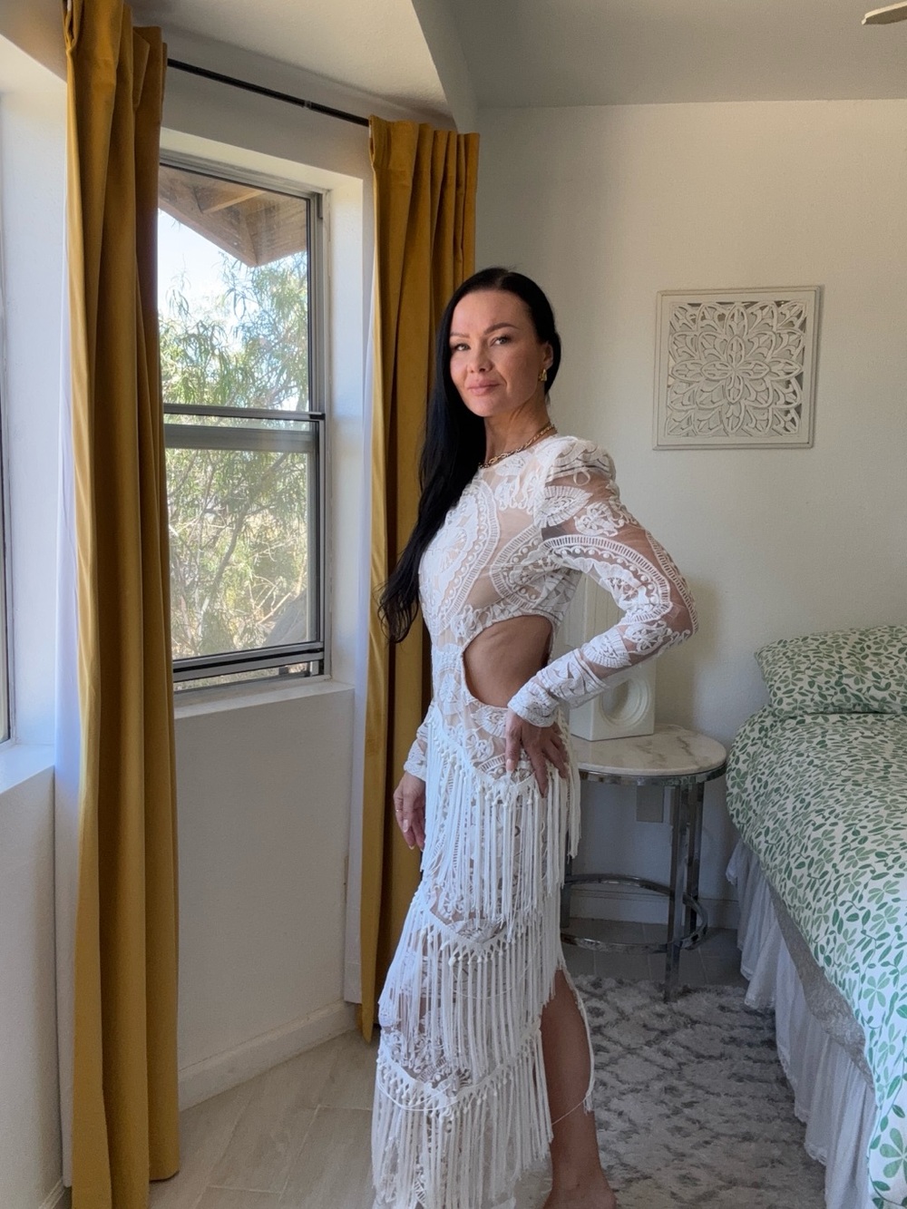 White Lace Cutout Fringe Maxi Dress